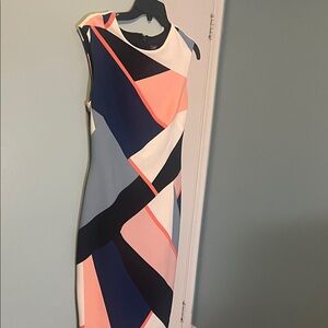 Vince Camuto Geometric Midi Dress in Navy, Pink, and White